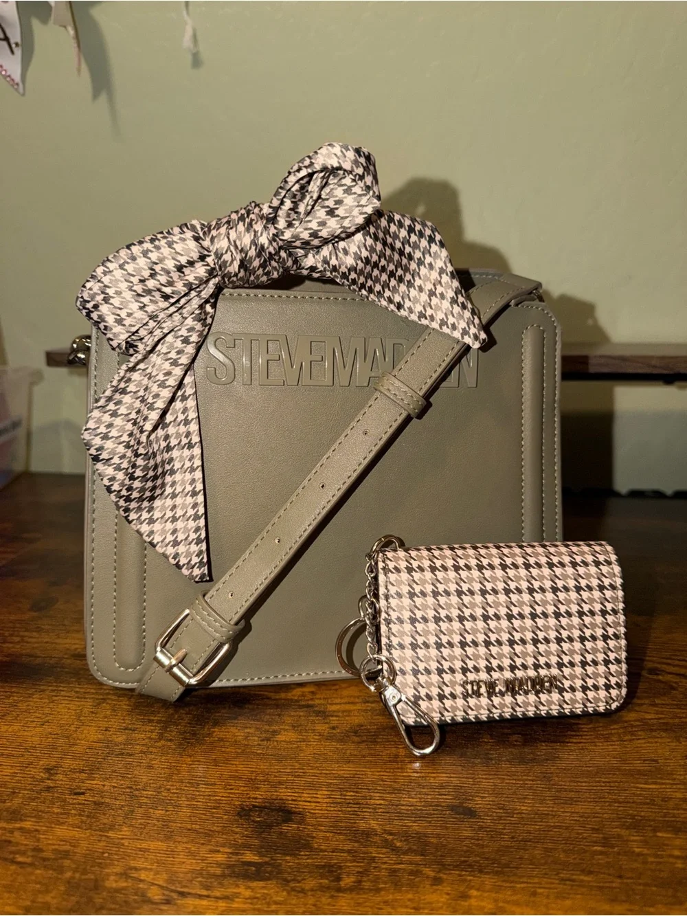 Steve Madden Olive Crossbody Bag with Houndstooth Scarf and Card Case